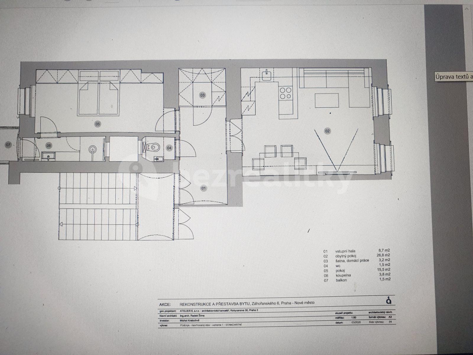 Prenájom bytu 2-izbový 61 m², Záhořanského, Praha, Praha