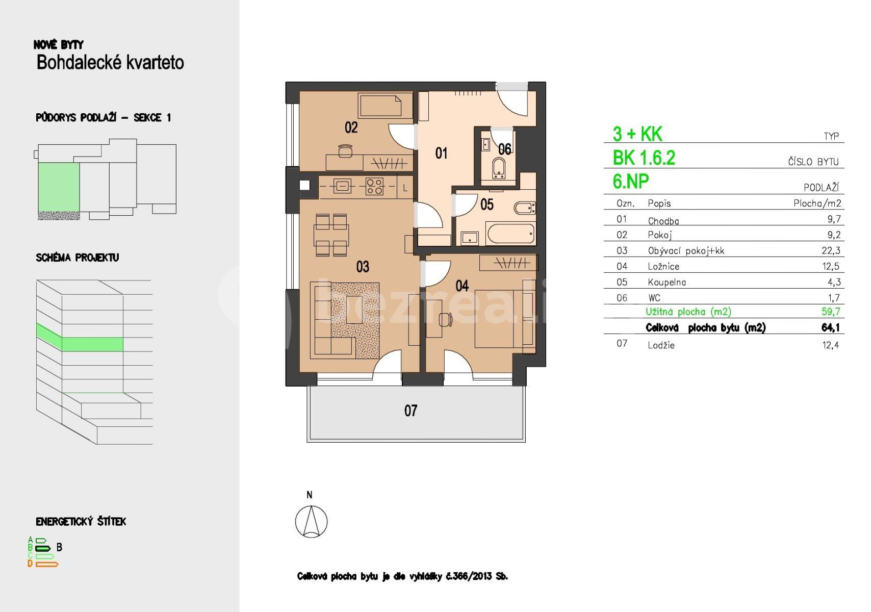 Prenájom bytu 3-izbový 64 m², U Plynárny, Praha, Praha