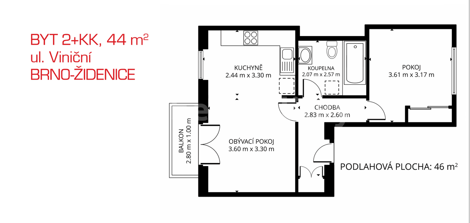 Prenájom bytu 2-izbový 44 m², Viniční, Brno, Jihomoravský kraj