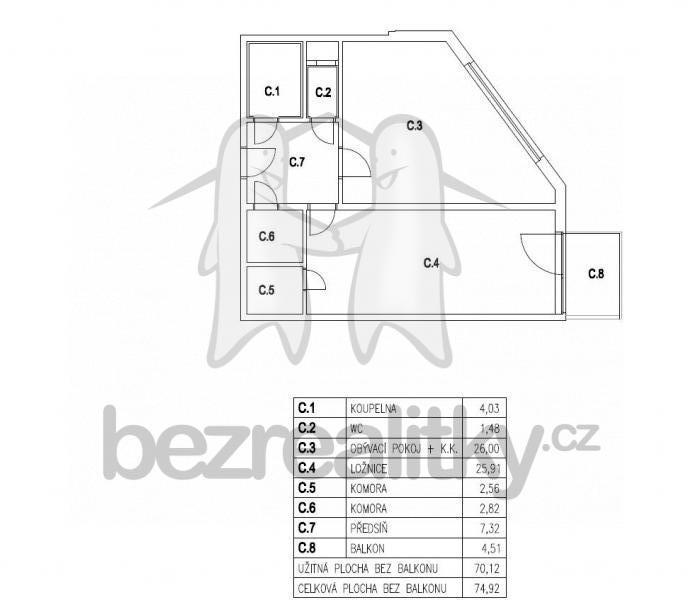 Prenájom bytu 2-izbový 74 m², Panuškova, Praha, Praha